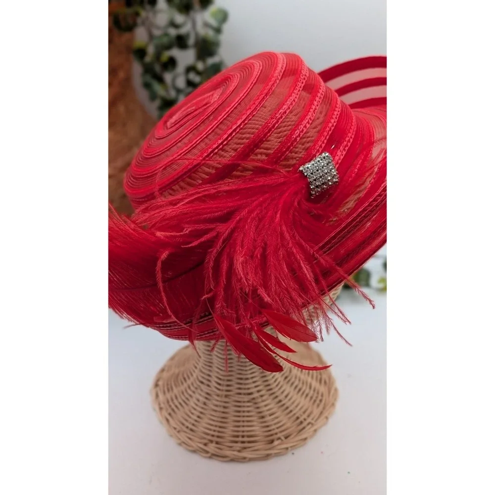 Red Church Stylish Dress Hat Feather Rhinestone Wide Brim Derby Wedding Formal